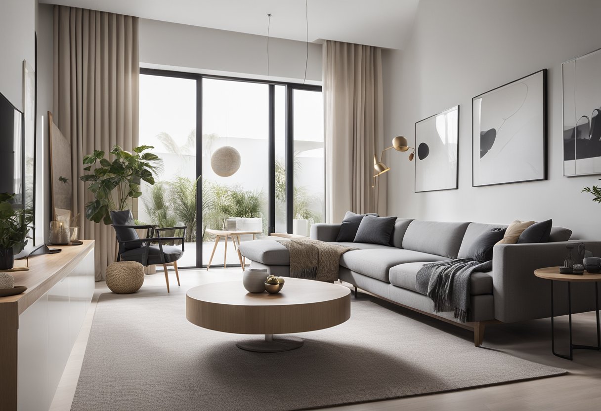 A well-lit, modern living room with a sleek, minimalist design. A neutral color palette with pops of color in the decor. Clean lines and open space create a sense of harmony and balance
