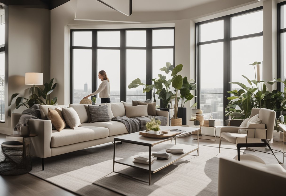 An interior designer arranging furniture and decor in a modern living room with large windows and a neutral color palette