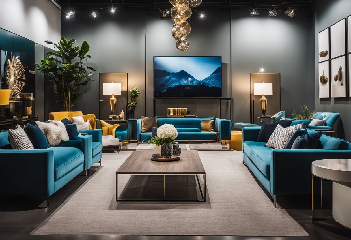 A spacious showroom with modern furniture displays and vibrant color schemes. Bright lighting highlights the sleek design elements and luxurious fabrics