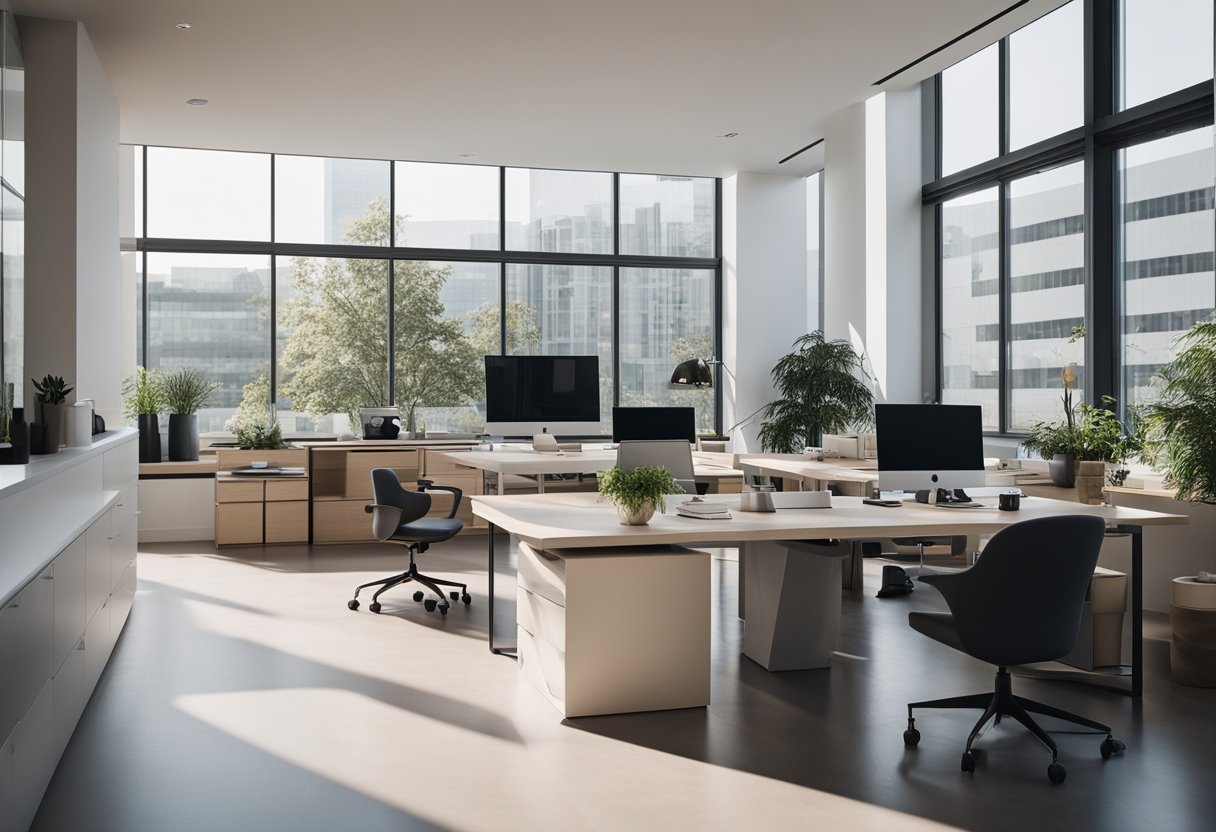 A modern, minimalist interior with clean lines, neutral colors, and ample natural light. A sleek, functional workspace with a large desk, ergonomic chair, and organized storage