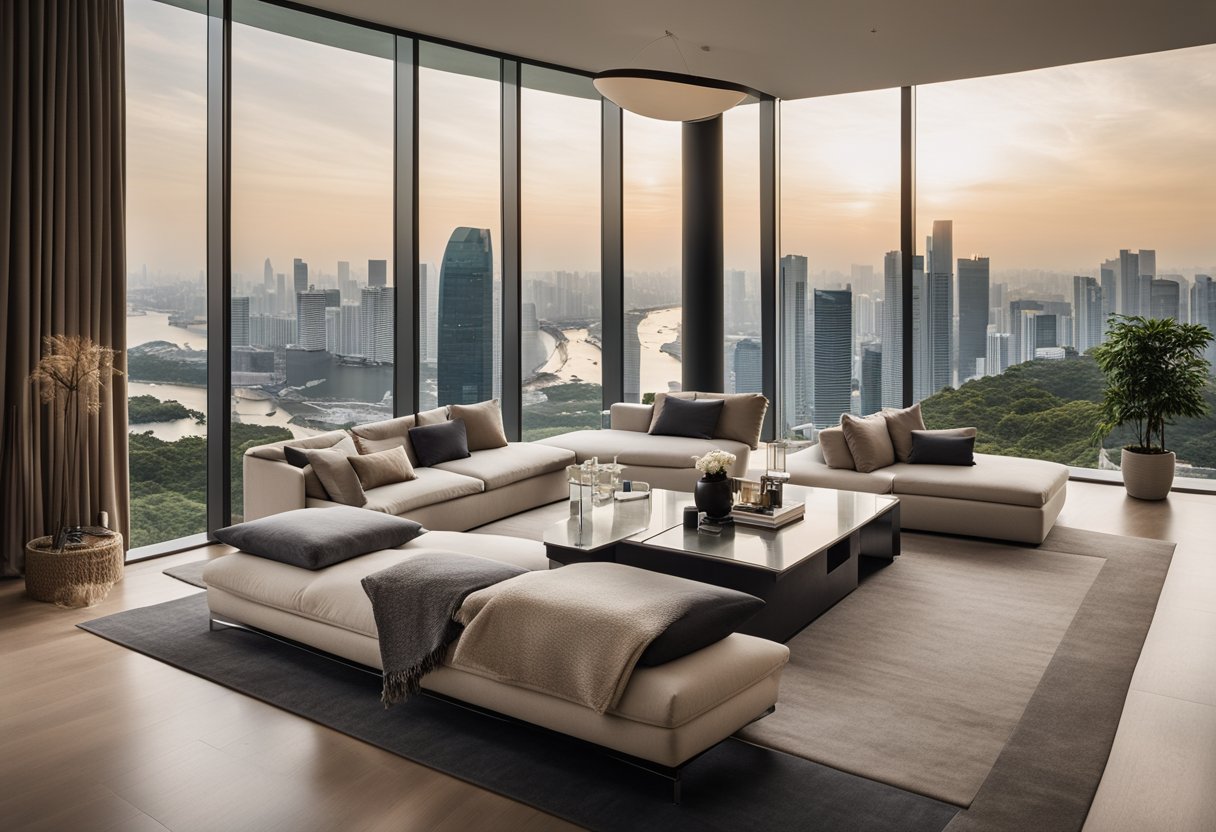 A spacious, modern living room with floor-to-ceiling windows overlooking the Singapore city skyline. Sleek, minimalist furniture and warm, neutral tones create a cozy yet sophisticated atmosphere