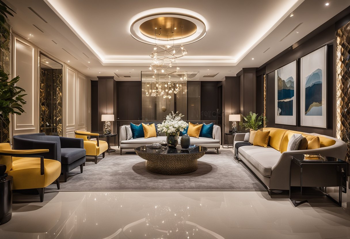 A luxurious, modern interior design with sleek furniture, elegant lighting, and vibrant color schemes, showcasing the vision and quality commitment of Hamid & Sons