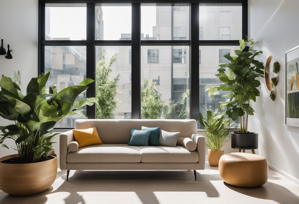 A well-lit room with modern furniture, clean lines, and pops of color. A large window provides natural light, while plants and artwork add a touch of personality to the space