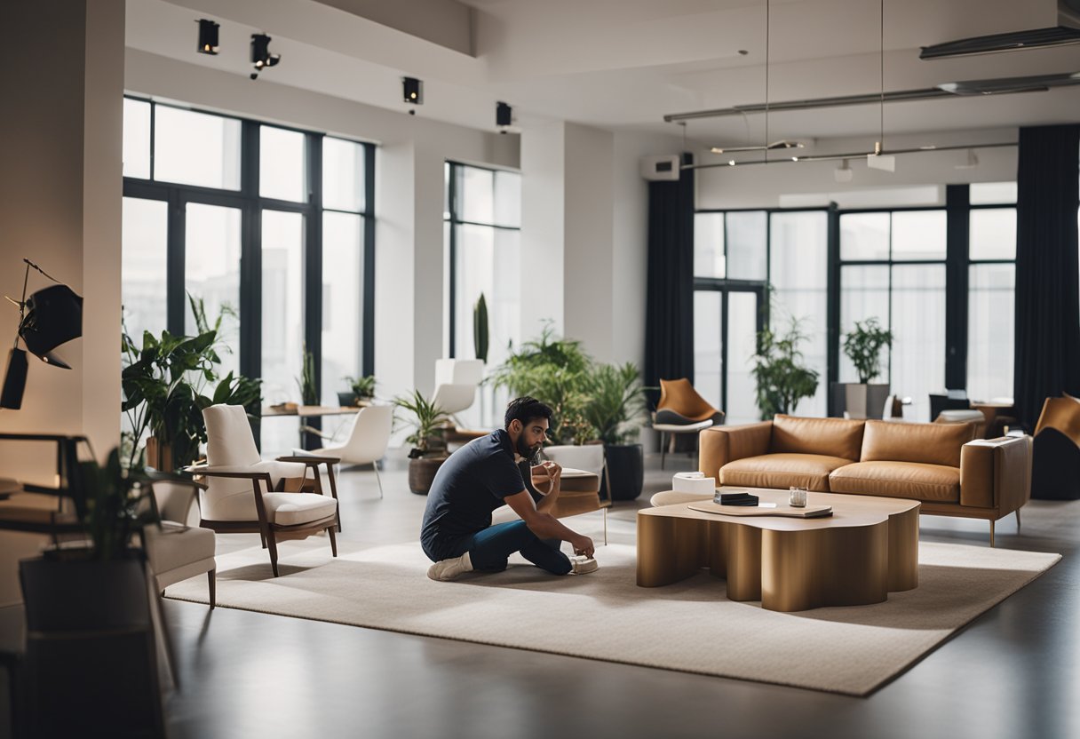 A designer arranging furniture and decor in a modern interior space