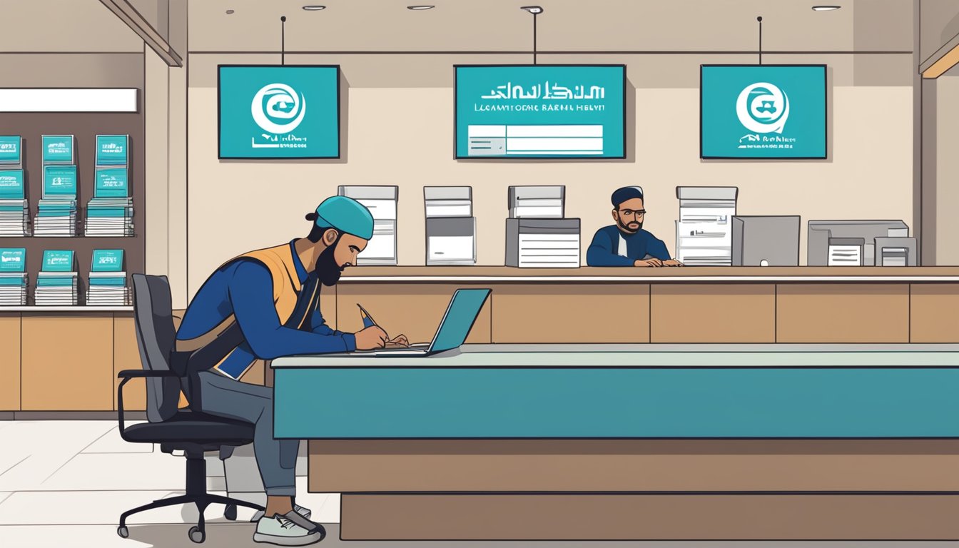 A person sitting at a desk, filling out a loan application form at a Bank Islam branch. The bank logo is prominent in the background