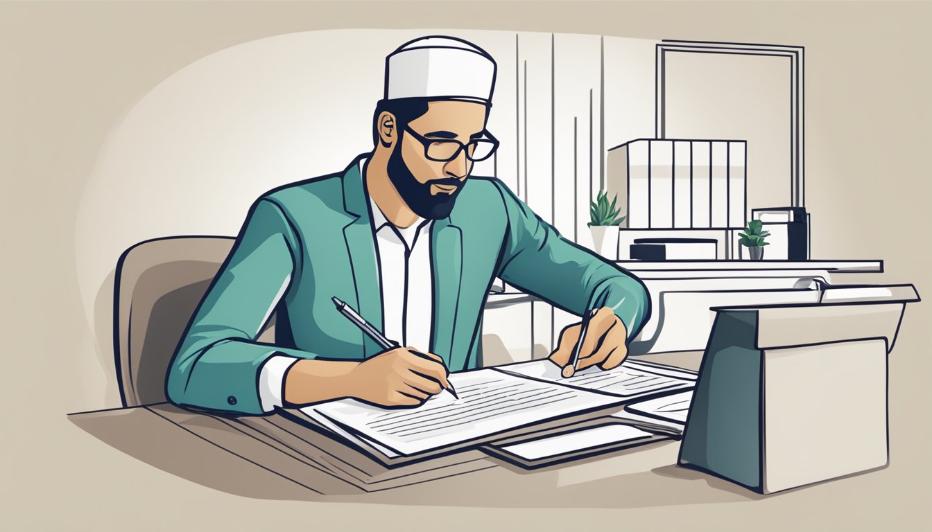 A person sitting at a desk, filling out a loan application form with a Bank Islam logo in the background