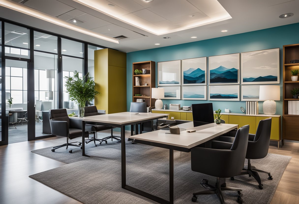 A modern office space with sleek furniture, vibrant color schemes, and elegant decor showcasing the portfolio of Hamid & Sons Interior Design