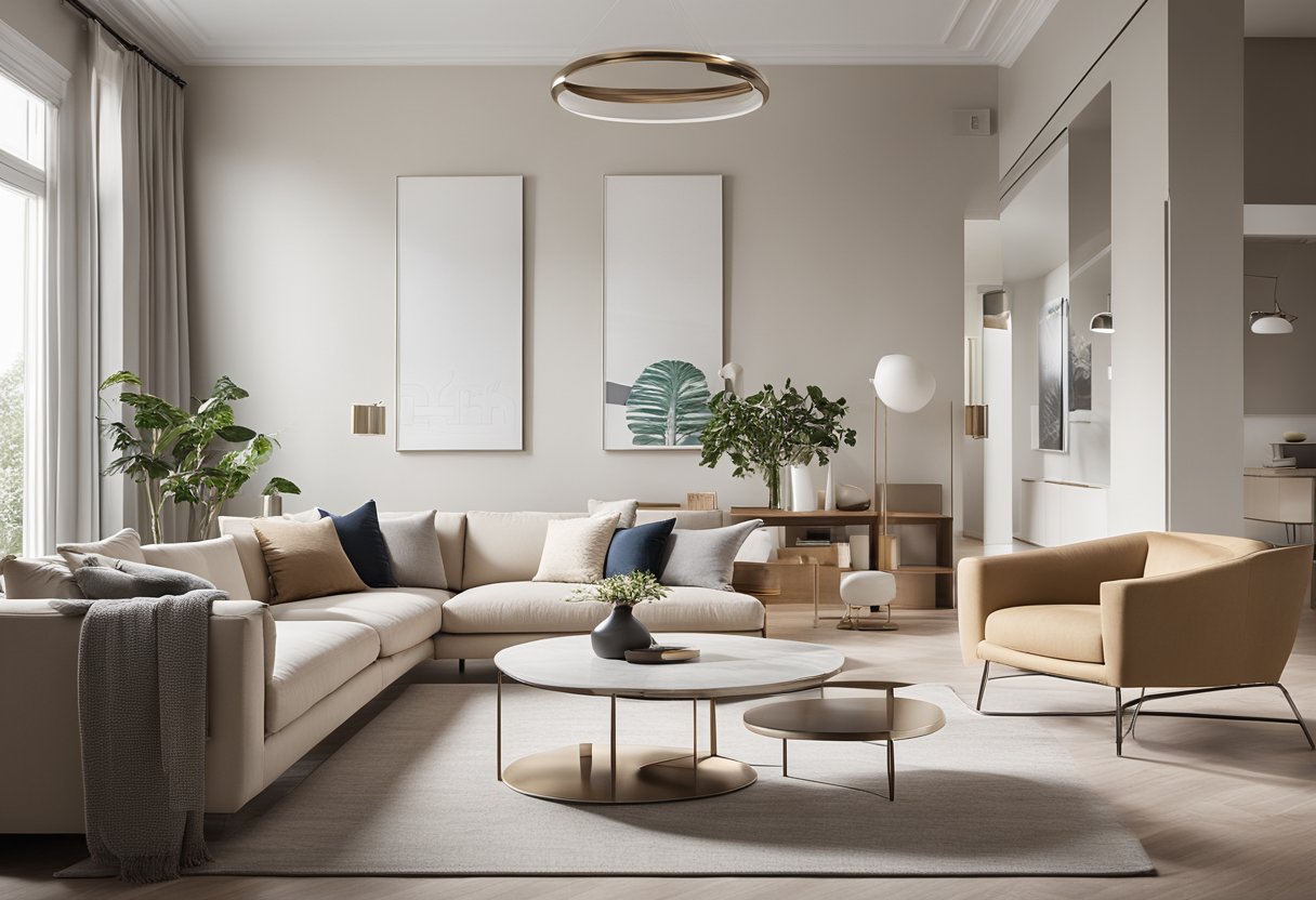 A bright, modern living room with clean lines and minimalist furniture. Soft natural light floods the space, highlighting the neutral color palette and sleek finishes