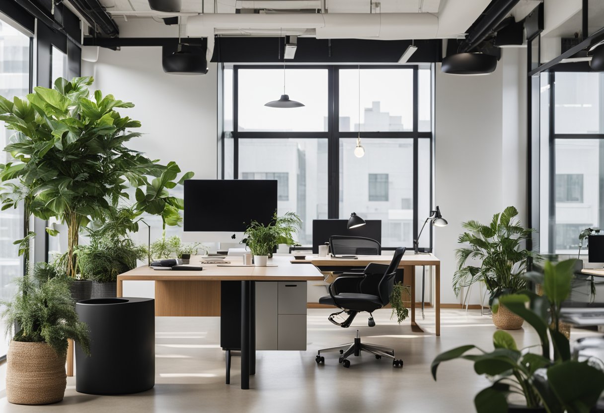 A modern office space with sleek furniture, clean lines, and a minimalist color palette. The room is filled with natural light, and there are plants strategically placed throughout the space