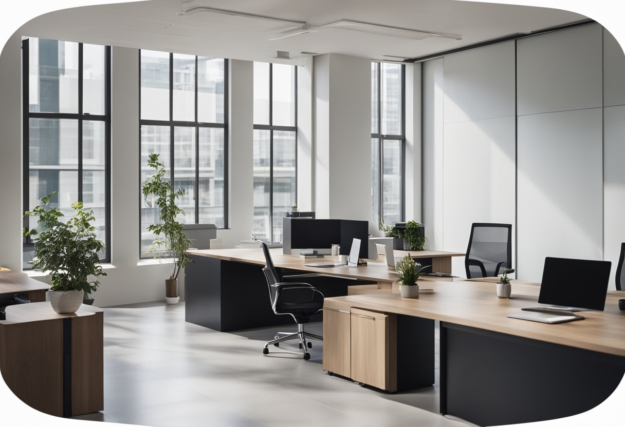 A modern, minimalist office space with sleek furniture and clean lines. A large window lets in natural light, illuminating the room
