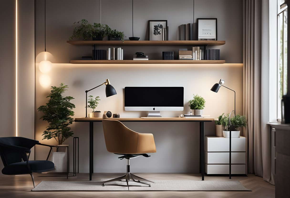 A cozy living room with modern furniture, warm lighting, and decorative accents. A sleek home office space with a minimalist desk, ergonomic chair, and organized shelves