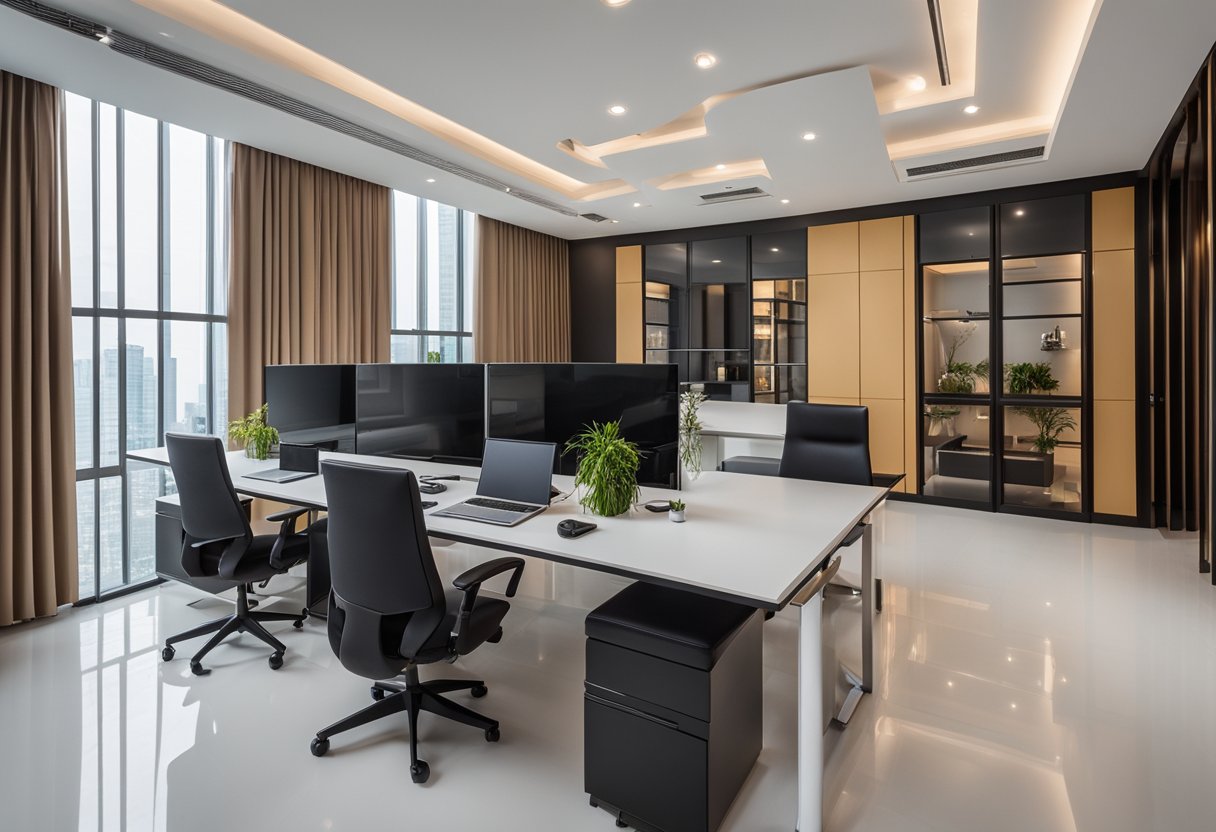 A modern office space with sleek furniture, elegant decor, and a minimalist color palette, showcasing the expertise of Binjai Interior Design Pte Ltd