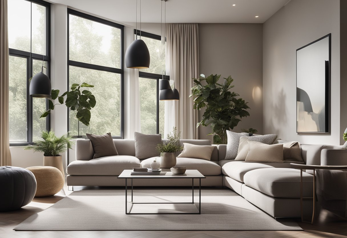 A modern living room with sleek furniture, a neutral color palette, and soft lighting. The space is open and airy, with large windows and minimalistic decor