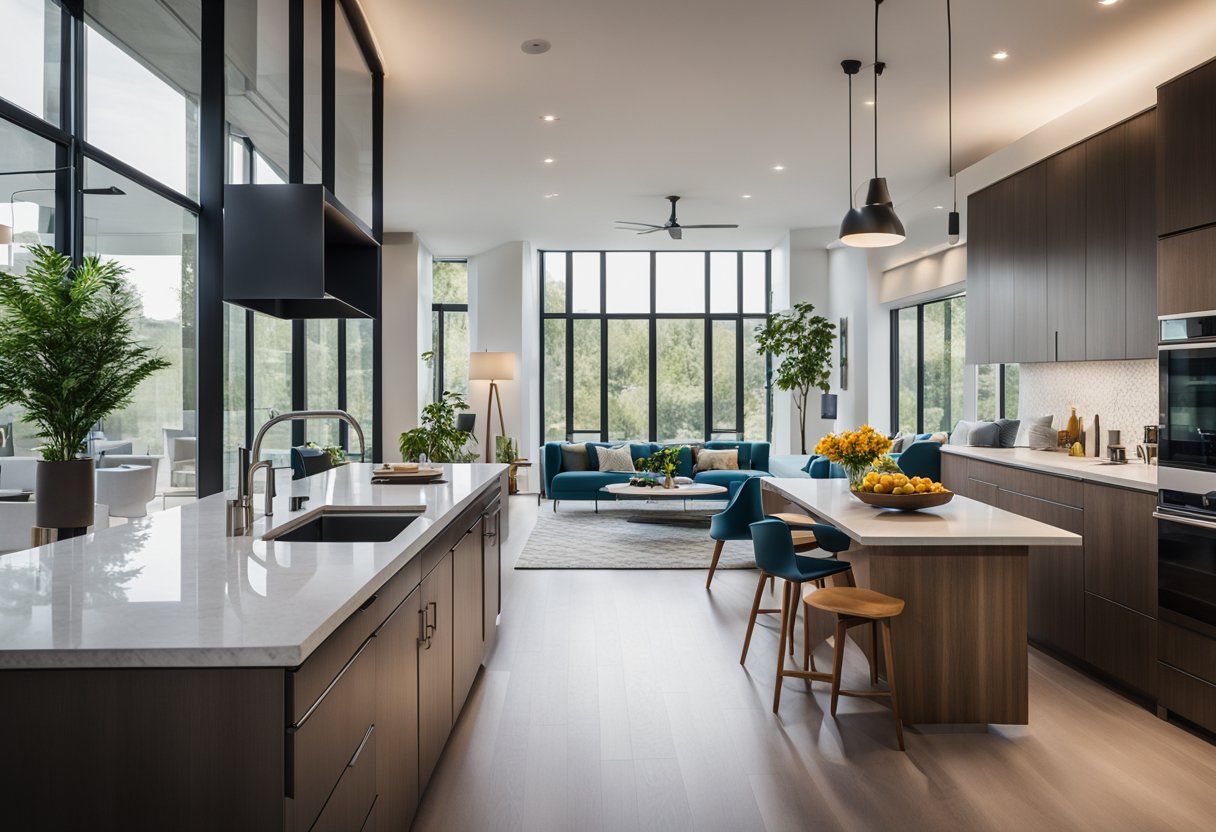 A spacious living room flows into a modern kitchen, with sleek furniture and pops of color. The natural light floods in through large windows, creating a bright and inviting atmosphere