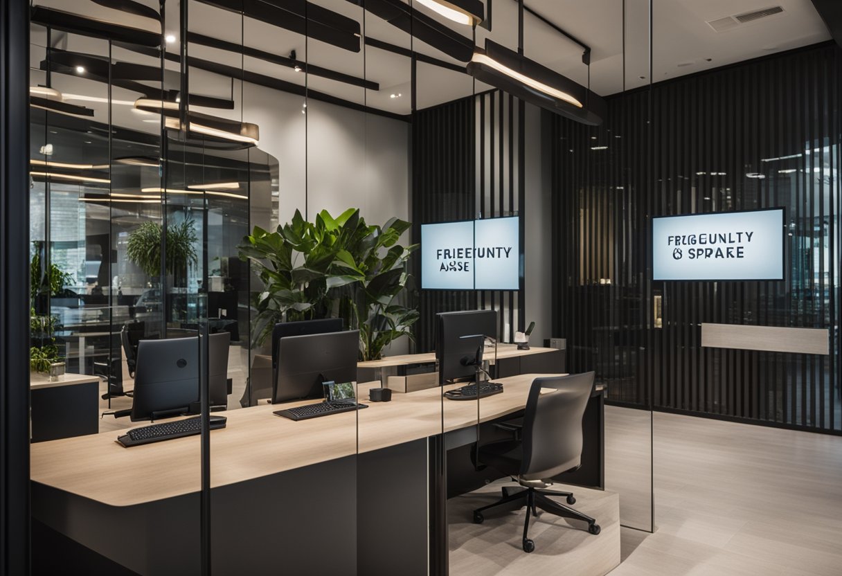 A sleek and modern office space with a prominently displayed "Frequently Asked Questions" sign at the entrance of Binjai Interior Design Pte Ltd