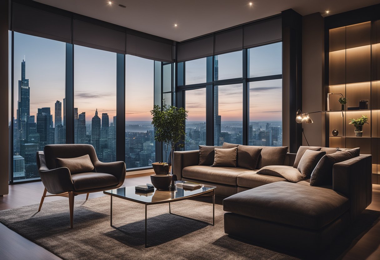 A modern living room with sleek furniture, ambient lighting, and a large window overlooking a city skyline