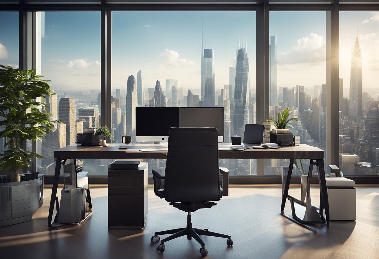 A modern 3D interior design studio with sleek furniture, computer workstations, and large windows overlooking a bustling city skyline