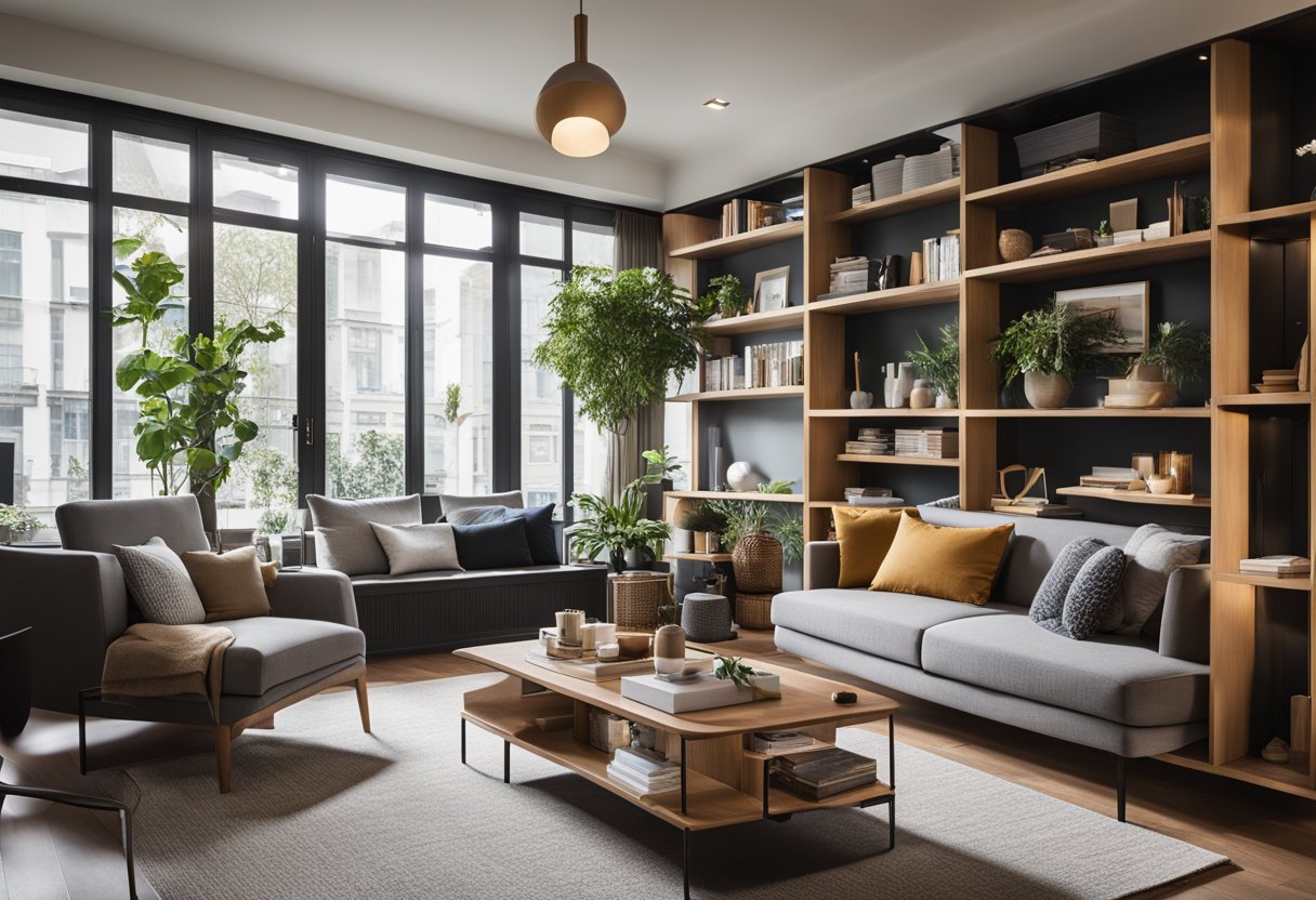 Two distinct living areas: one side with a cozy reading nook and the other side with a small dining area. A room divider separates the spaces, with a clear visual distinction between the two areas