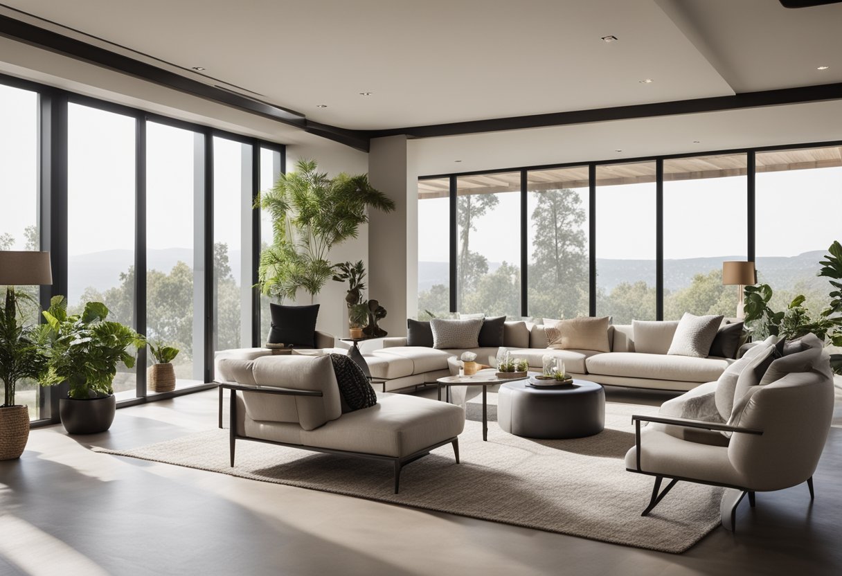 A spacious, uncluttered living room with clean lines, neutral colors, and natural light streaming in through large windows