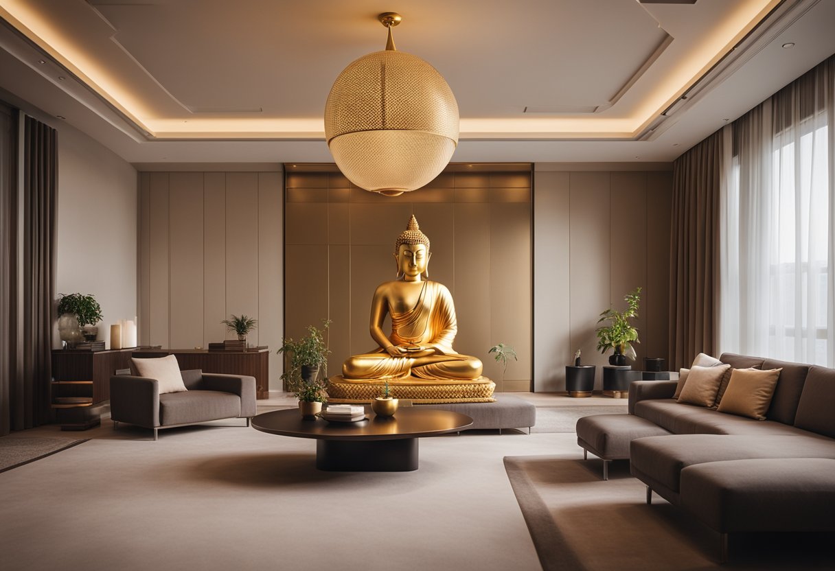 A serene room with a large golden Buddha statue as the focal point, surrounded by minimalistic furniture and soft, warm lighting