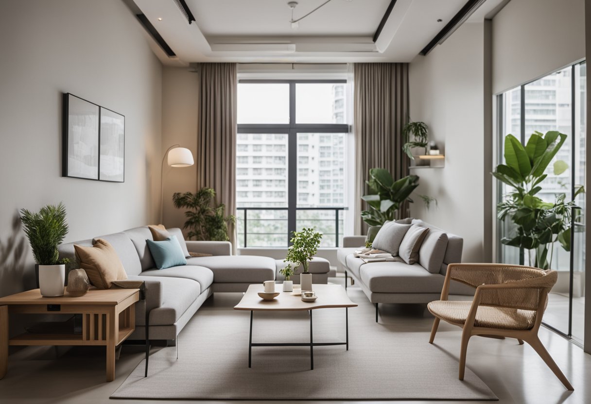 A spacious HDB living room with clean lines, neutral colors, and minimal furniture. Large windows let in natural light, creating a bright and airy atmosphere