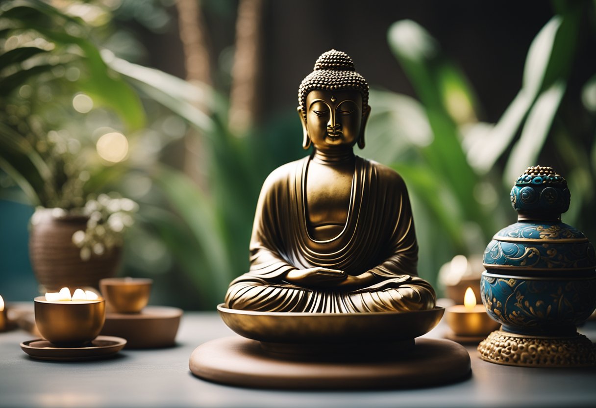 A serene room with a Buddha statue as the focal point, surrounded by soft lighting, incense, and calming decor