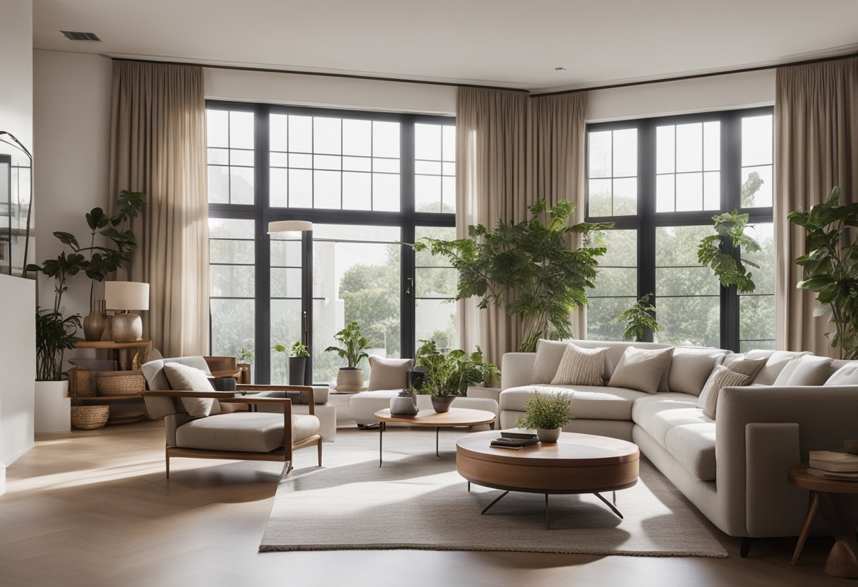 A spacious living room with clean lines, neutral colors, and minimal furniture. Large windows let in natural light, and simple decor creates a sense of calm and tranquility