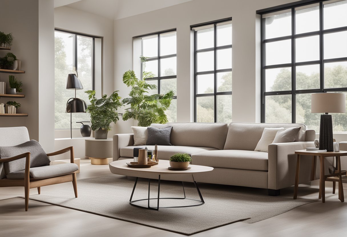 A clean, uncluttered living room with sleek furniture and neutral colors. A large window lets in natural light, highlighting the simple, minimalistic design