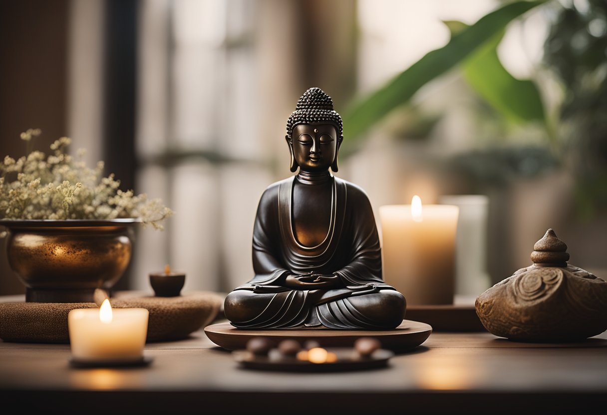A serene meditation space with a low wooden table, incense burning, and a Buddha statue as the focal point. Subtle earthy tones and natural materials create a calm and peaceful ambiance