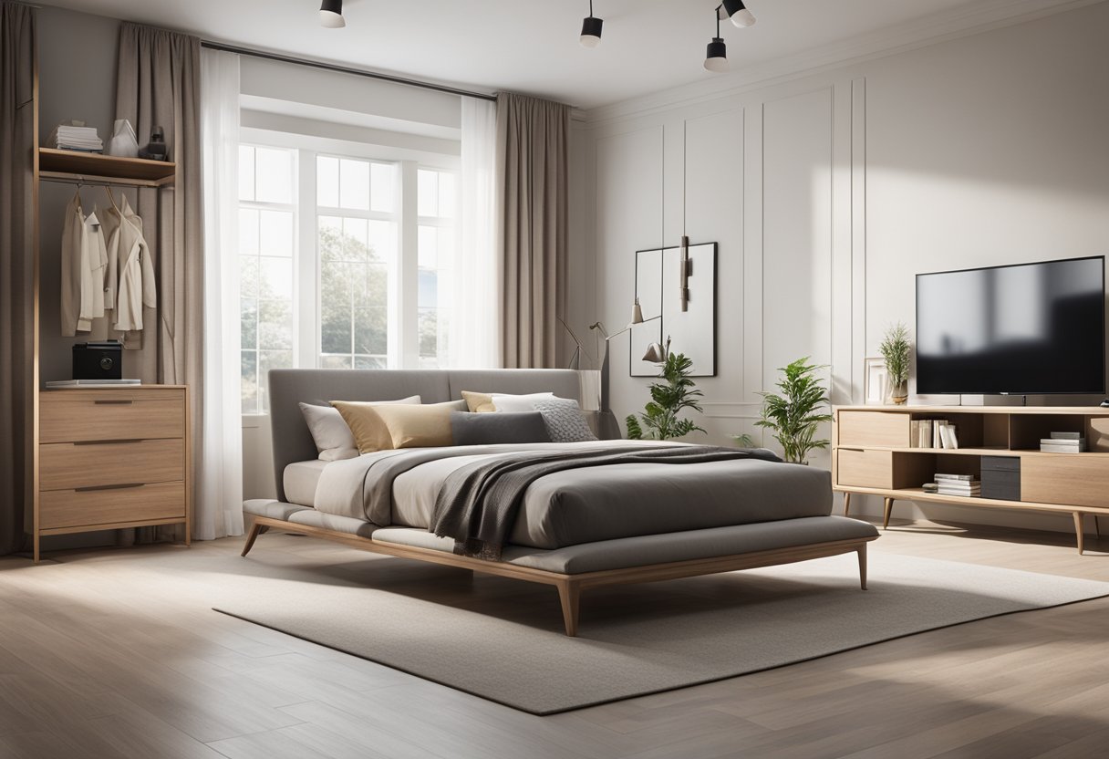 A spacious room with versatile furniture, soft lighting, and clean lines. A modern, functional design with a neutral color palette and ample storage options