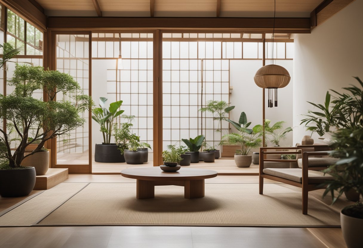 A zen interior with minimal furniture, natural light, and neutral colors. A small indoor garden and Japanese-inspired decor create a serene atmosphere