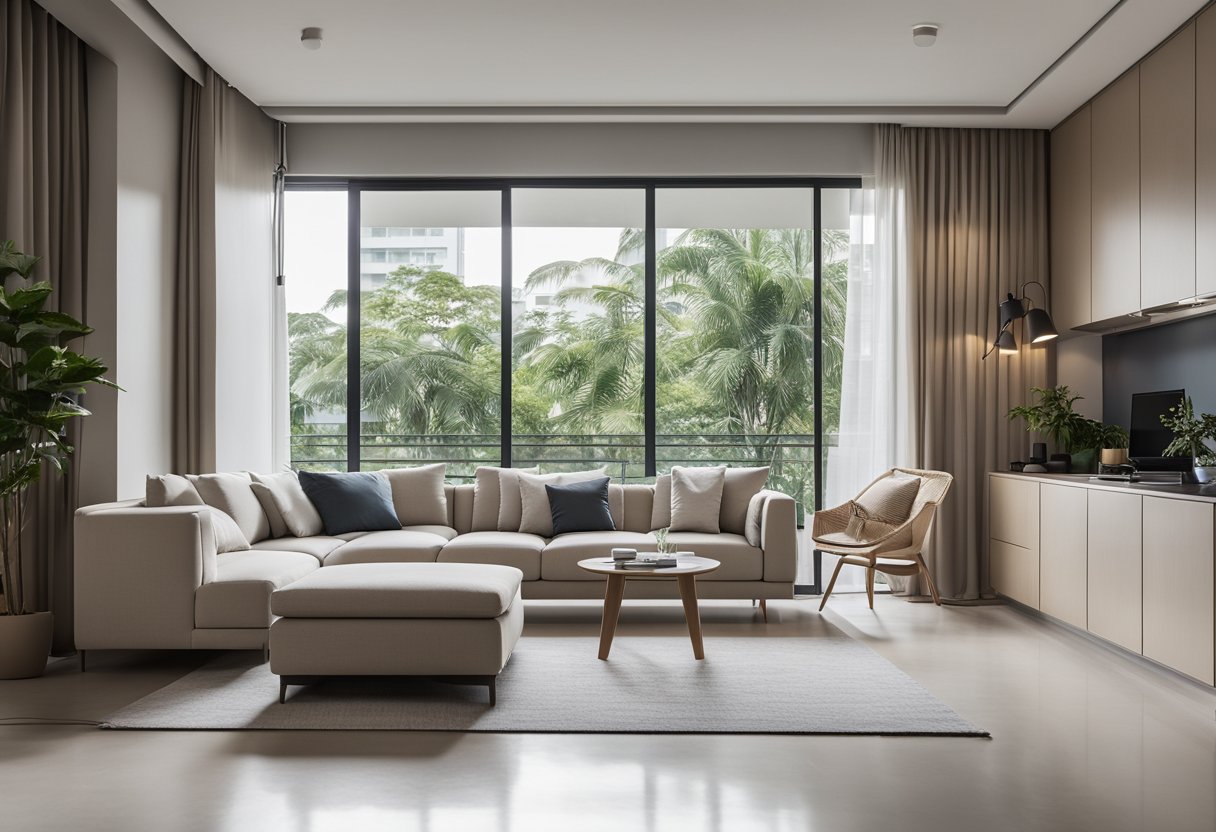 A sleek, open-plan HDB living area with clean lines, neutral colors, and minimal furniture. A large window allows natural light to flood the space, creating a serene and cohesive atmosphere