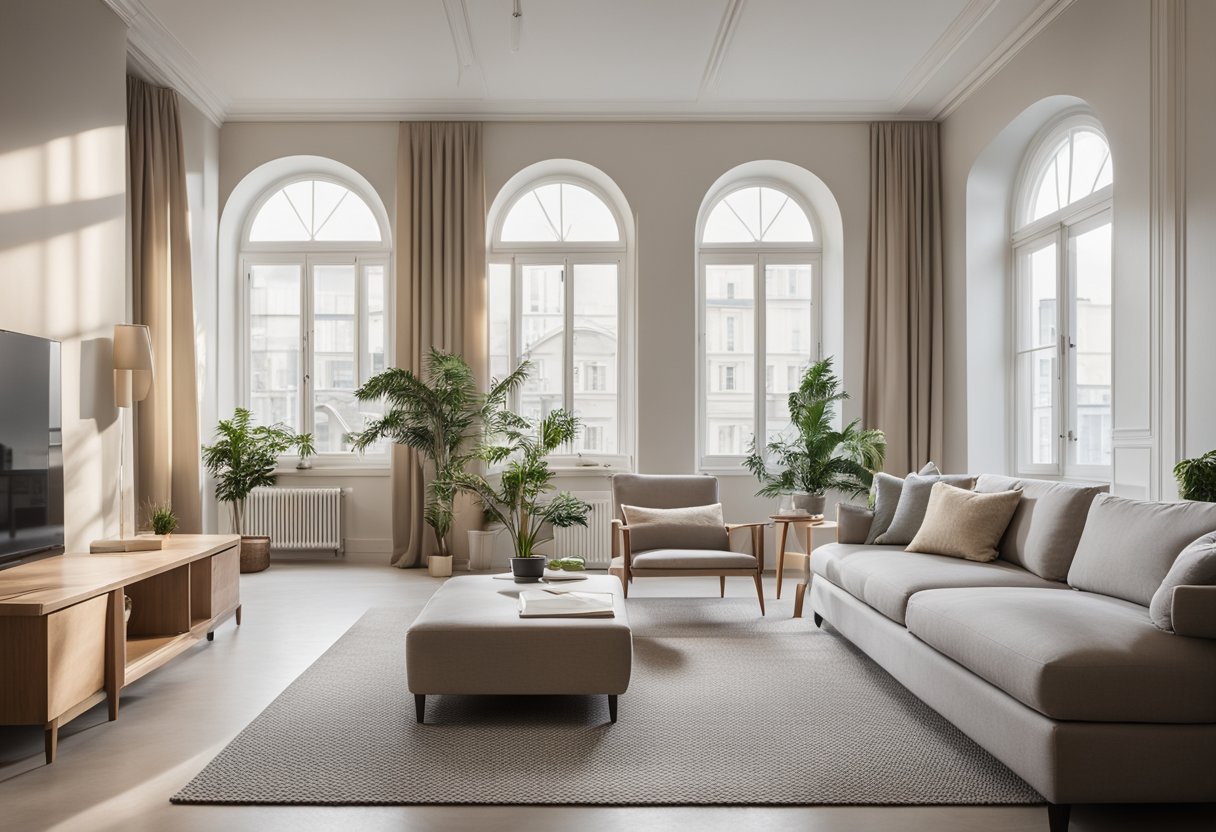 A spacious room with clean lines, neutral colors, and simple furniture. Natural light floods in through large windows, highlighting the uncluttered space