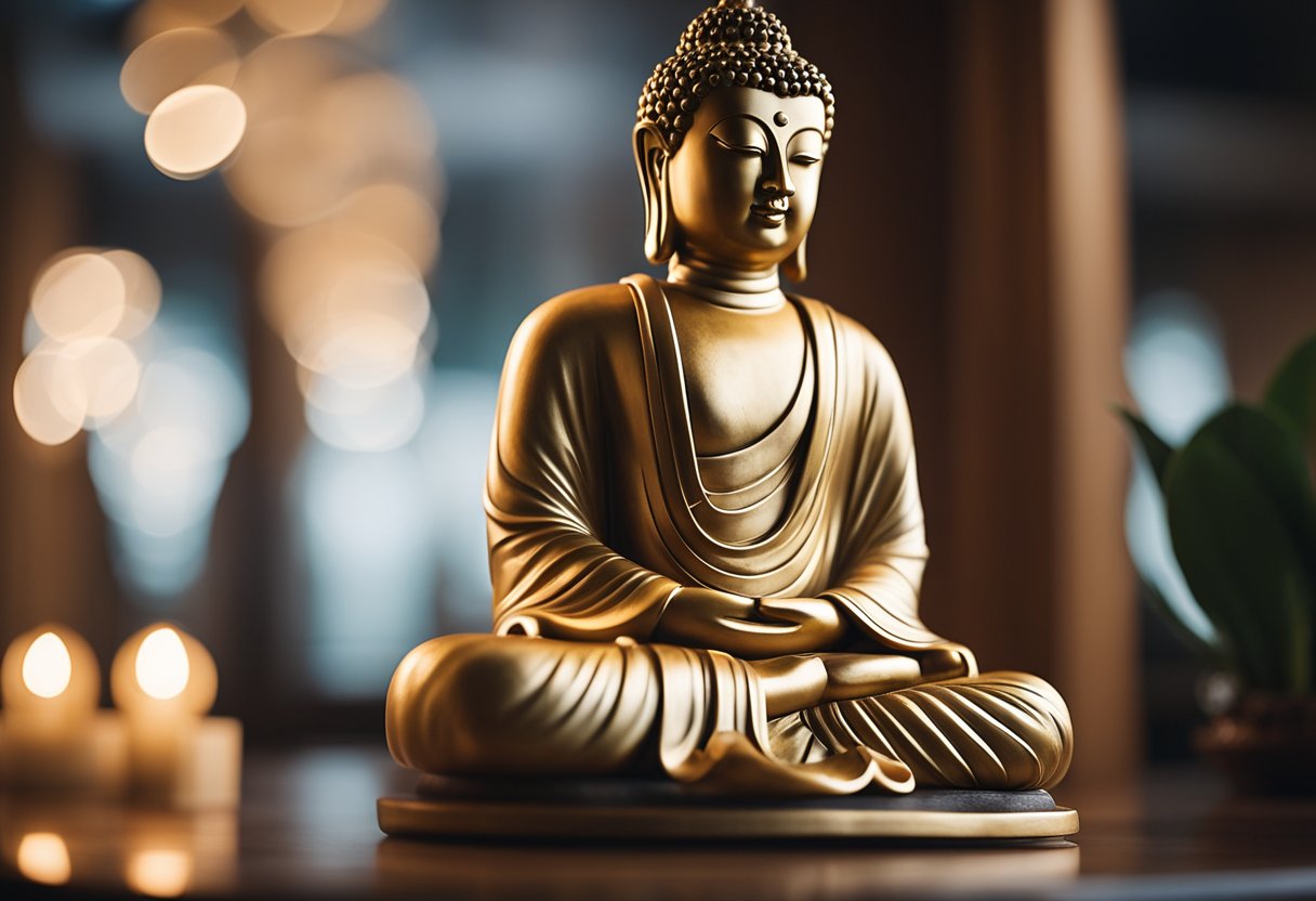 A serene Buddha statue surrounded by elegant interior decor, with a backdrop of soft lighting and tranquil ambiance