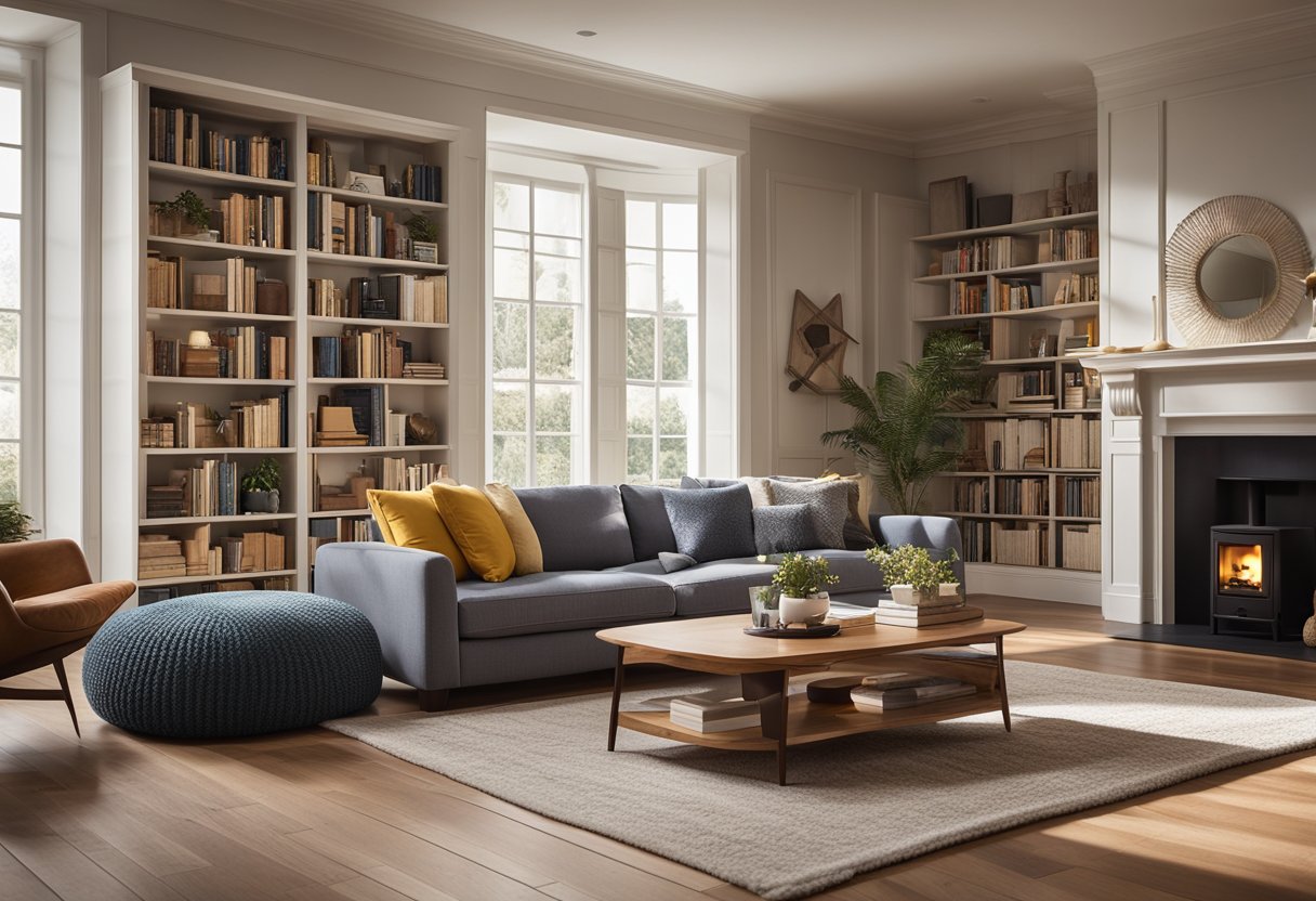 A cozy living room with a plush sofa, warm lighting, and a bookshelf filled with books and decorative items. A large window lets in natural light, and a rug adds a pop of color to the hardwood floor