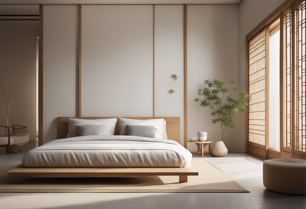 A minimalist room with natural light, clean lines, and neutral colors. A low platform bed, shoji screens, and bamboo accents create a serene atmosphere
