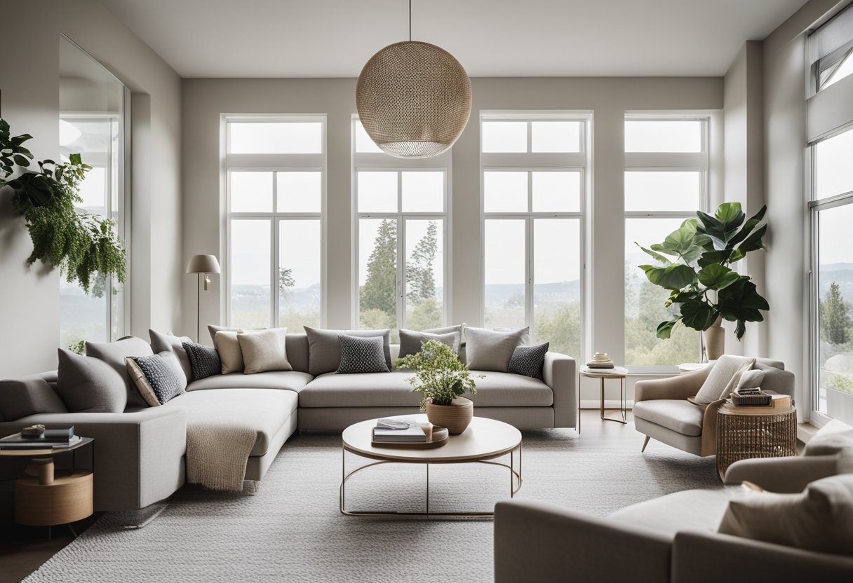 A modern living room with sleek furniture, neutral color palette, and geometric patterns. Large windows let in natural light, creating a bright and airy space