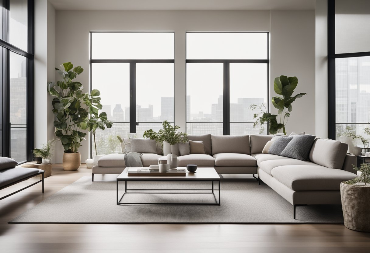 A clean, modern living room with sleek furniture, neutral colors, and minimal decor. Light streams in through large windows, creating a bright and airy atmosphere