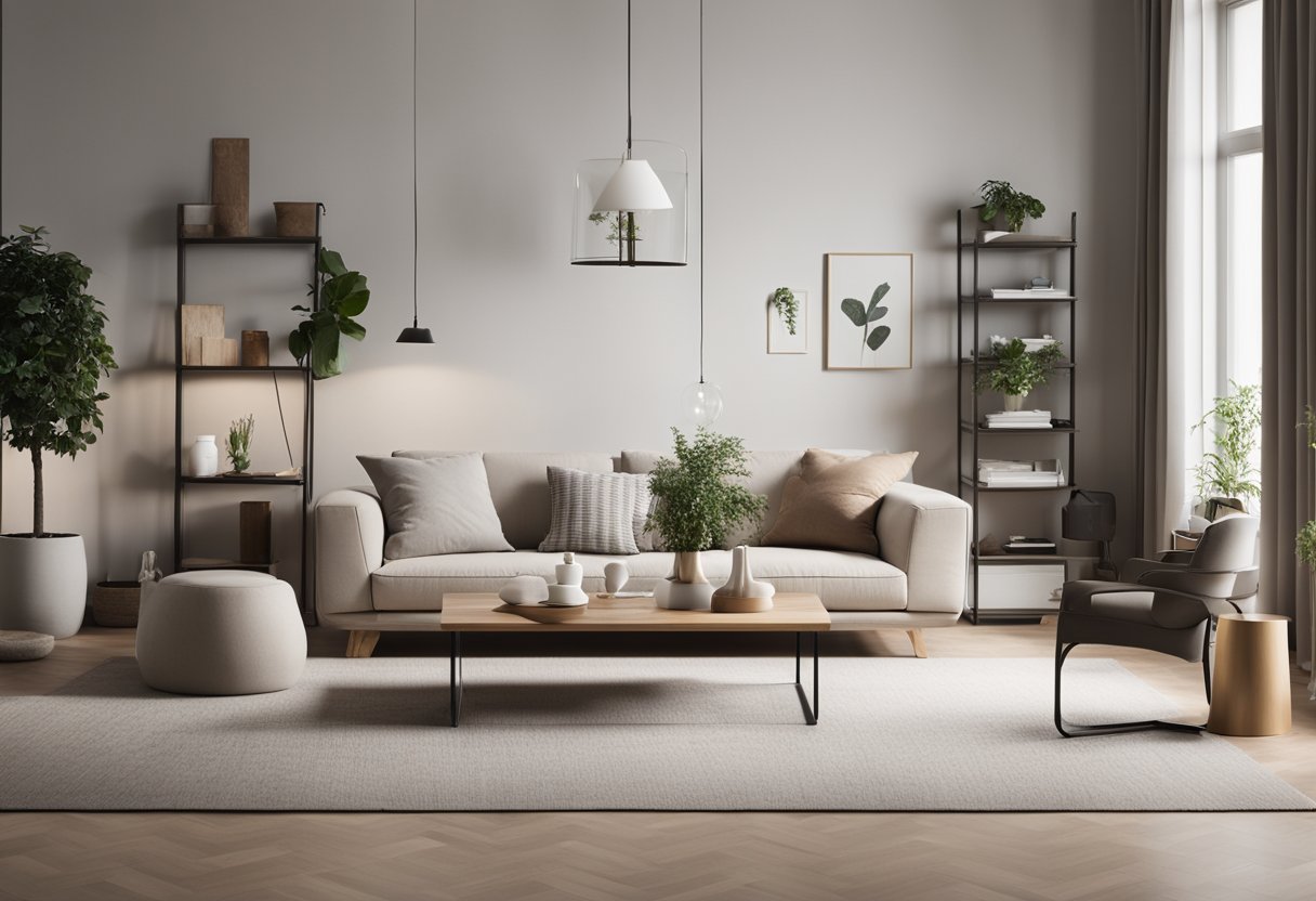 A spacious, clutter-free living room with clean lines and neutral colors. Minimalist furniture and simple decor create a serene, uncluttered environment