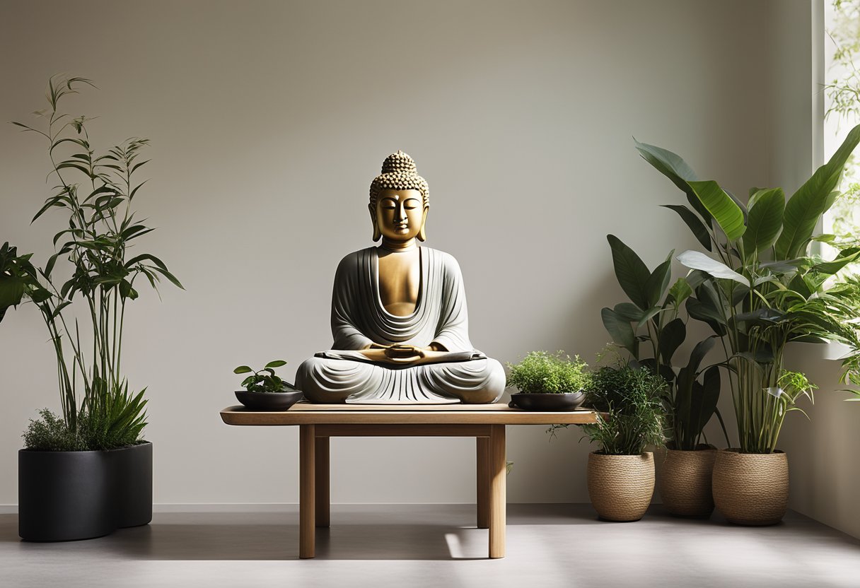 A tranquil room with minimalistic furniture, natural light, and serene decor. A Buddha statue sits on a low table, surrounded by plants and calming artwork