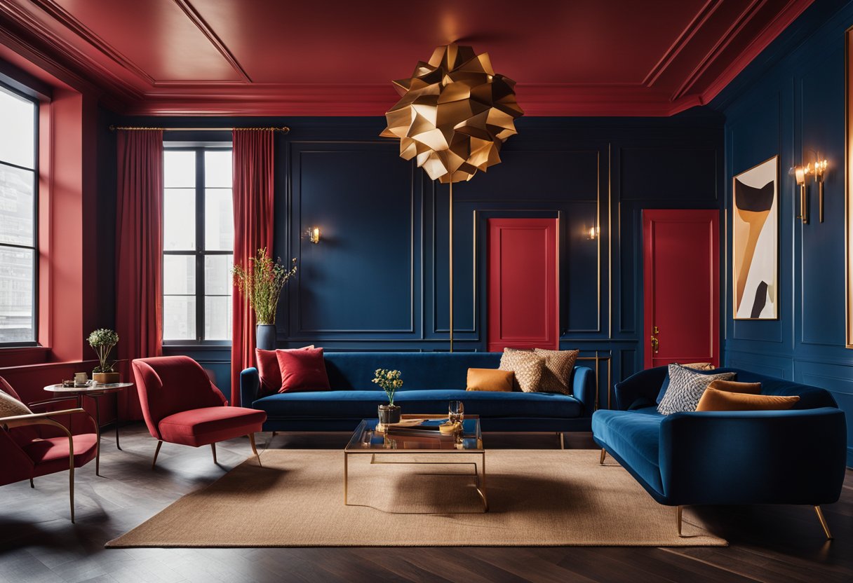 A bold color interior design with vibrant red walls, contrasting with deep blue furniture and golden accents. Large windows let in natural light, illuminating the modern and eclectic space