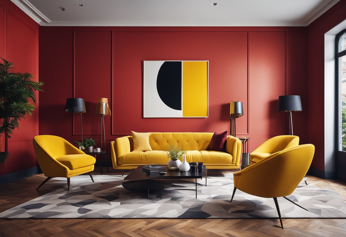 A living room with vibrant red walls, contrasting with bold yellow furniture. A large abstract painting hangs on the wall, adding to the energetic atmosphere