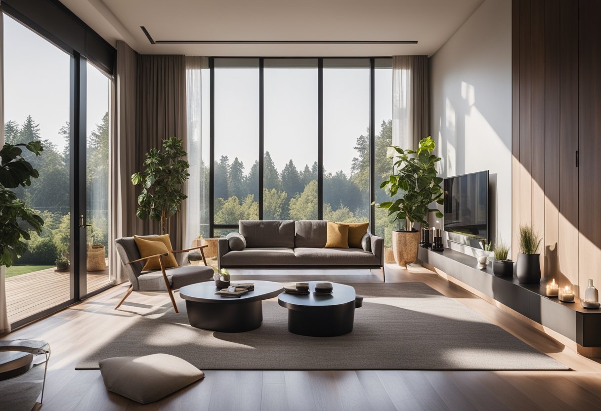 A stylish living room with modern furniture, a cozy fireplace, and large windows overlooking a serene garden