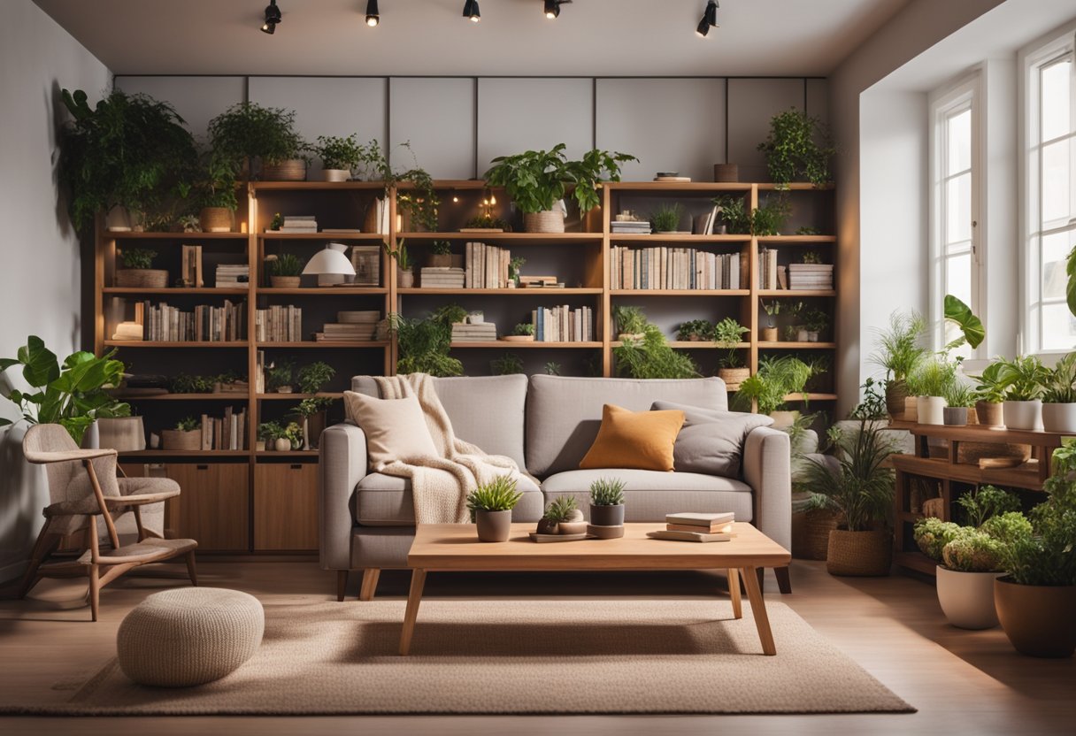 A cozy living room with a bookshelf, plants, and a comfortable sofa. A table with a laptop and a mug of coffee. Warm lighting and a rug on the floor