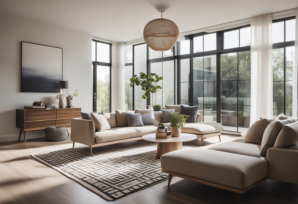 A modern living room with clean lines, neutral colors, and minimalistic furniture. A large window lets in natural light, and geometric patterns adorn the rug and throw pillows