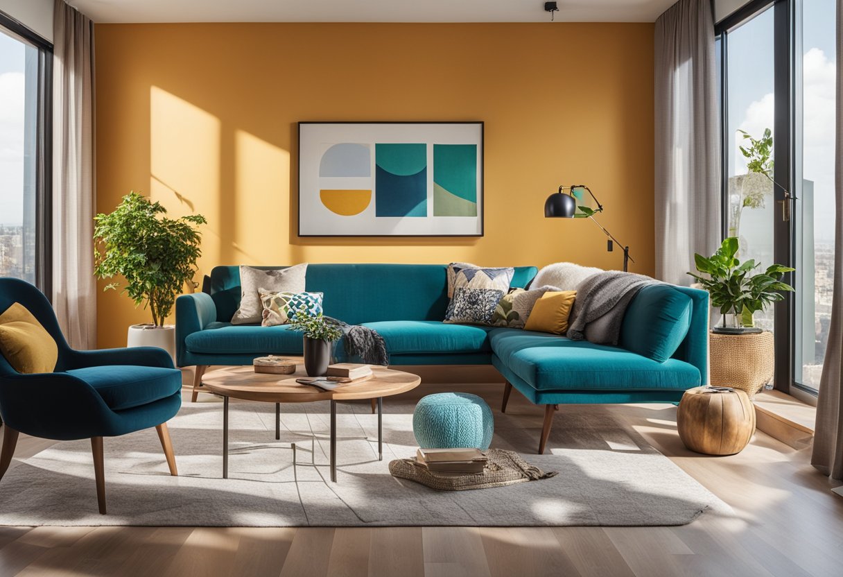 A vibrant living room with bold color furniture and accents, natural light streaming in through large windows, and a cozy reading nook with a bright accent wall