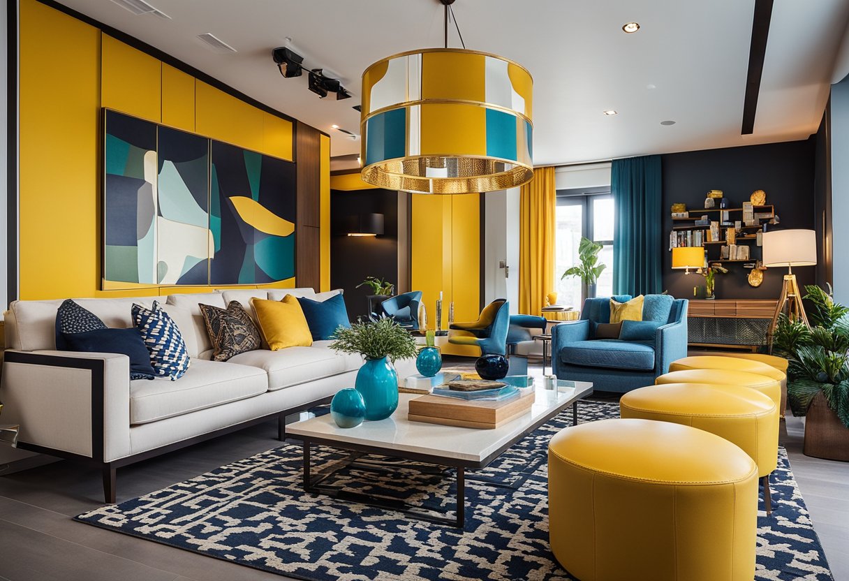 Vibrant colors and bold patterns fill the room in a modern interior design setting. The space is well-lit, with clean lines and eye-catching furniture pieces
