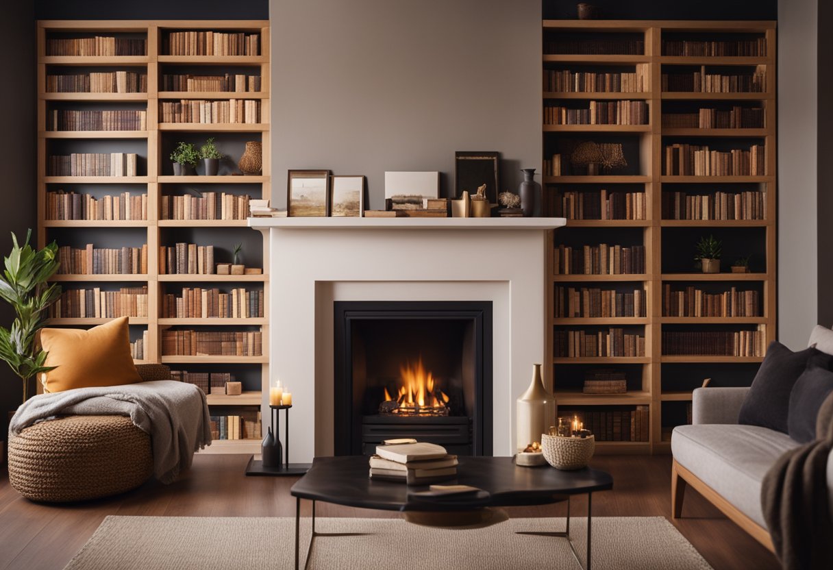 A warm fireplace glows in a room filled with plush pillows and soft blankets. A bookshelf lines the wall, filled with well-loved books. The room exudes comfort and relaxation