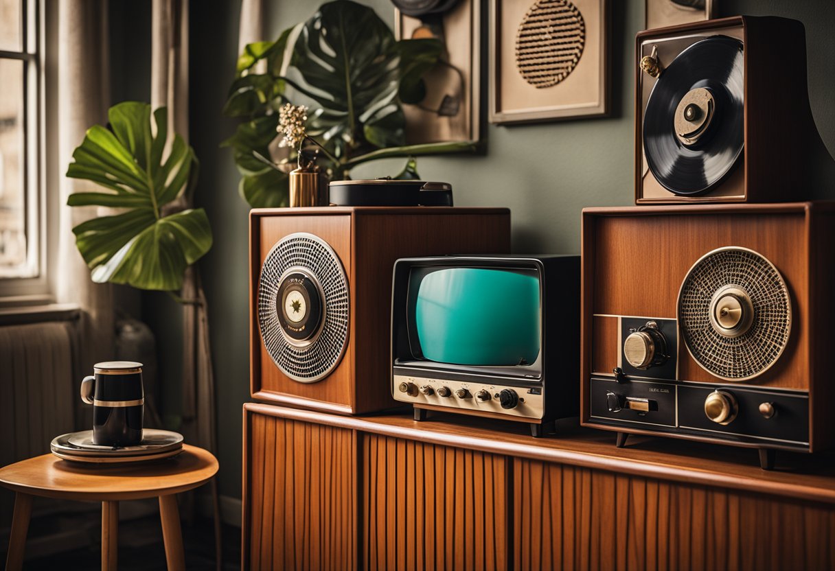 A vintage living room with bold colors, geometric patterns, and mid-century furniture. A record player sits on a teak sideboard next to a rotary dial phone