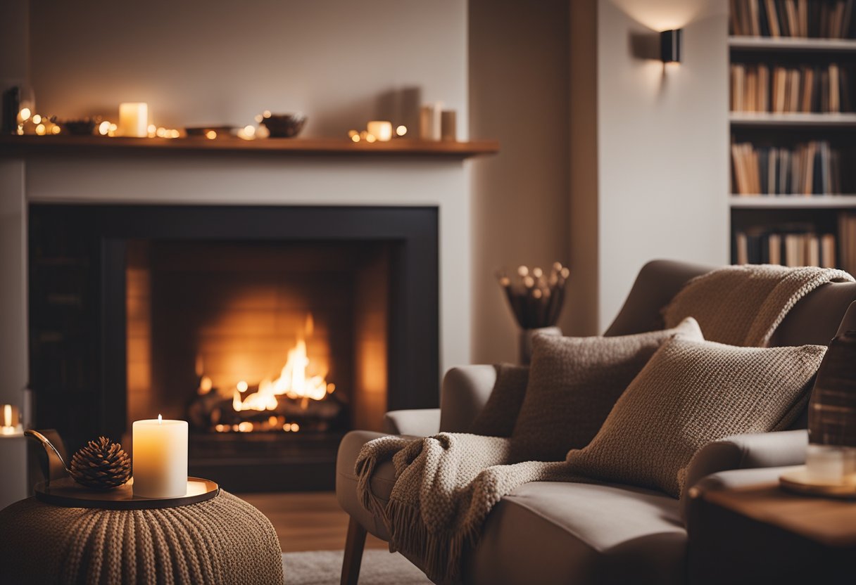 A warm fireplace flickers in a cozy living room, adorned with soft cushions, warm blankets, and ambient lighting. A bookshelf filled with well-loved novels and a comfortable armchair invite relaxation